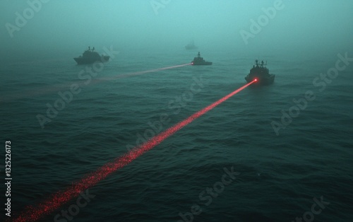 Three warships at sea on a foggy day, one emits a red laser beam. Dark teal water, moody atmosphere, aerial perspective