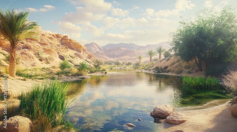 A serene oasis scene featuring water and mountainous landscape A serene oasis scene featuring water and mountainous landscape