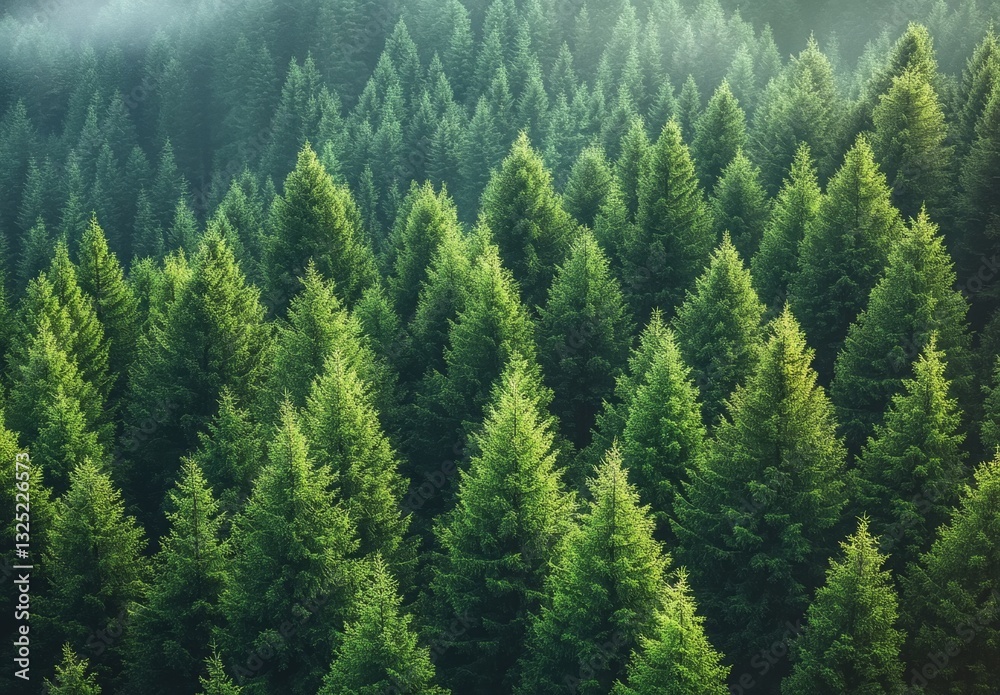 Fototapeta premium Lush Green Evergreen Trees in Serene Forest Landscape Creating a Beautiful Natural Scenery with Soft Morning Light and Mist in Background