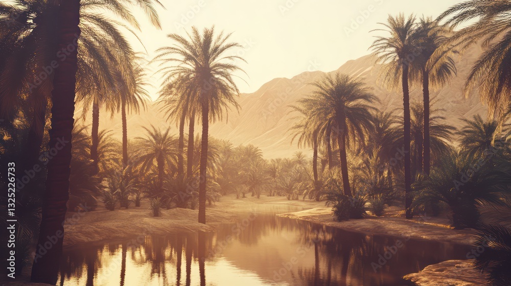 Fototapeta premium A serene desert oasis scene with tall palm trees near water