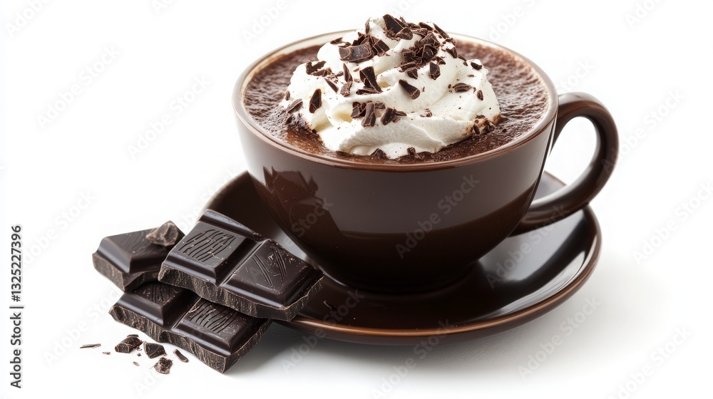 Delicious Hot Chocolate Topped with Cream and Sprinkled Chocolate Pieces on a Clean White Background for a Cozy Winter Treat Delicious Hot Chocolate Topped with Cream and Sprinkled Chocolate Pieces on a Clean White Background for a Cozy Winter Treat