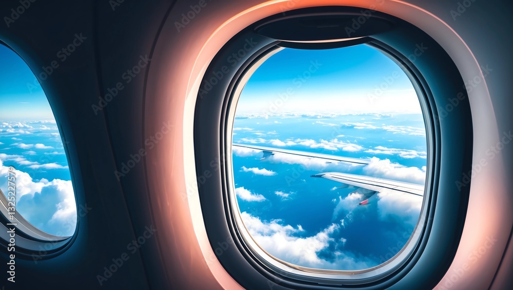 Airplane window. Mountain and clouds view Airplane window. Mountain and clouds view