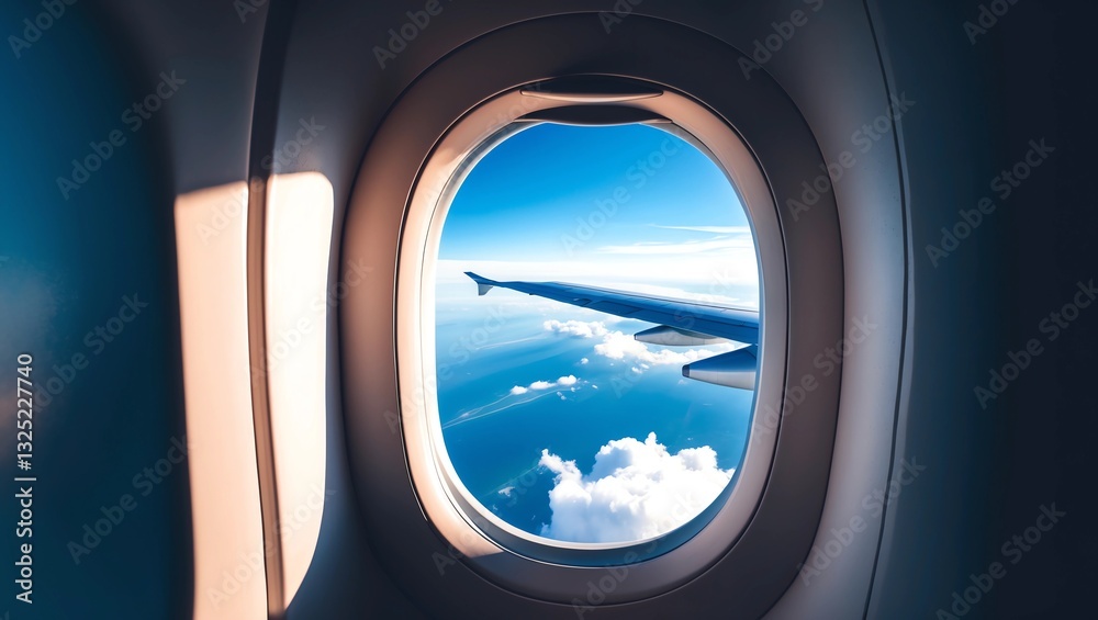 Airplane window. Mountain and clouds view Airplane window. Mountain and clouds view