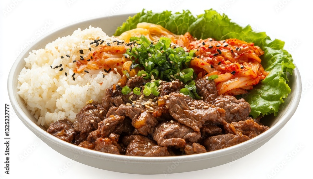 Delicious Korean Beef Bowl Served with Rice and Kimchi on a Fresh Bed of Lettuce for a Flavorful Culinary Experience Delicious Korean Beef Bowl Served with Rice and Kimchi on a Fresh Bed of Lettuce for a Flavorful Culinary Experience