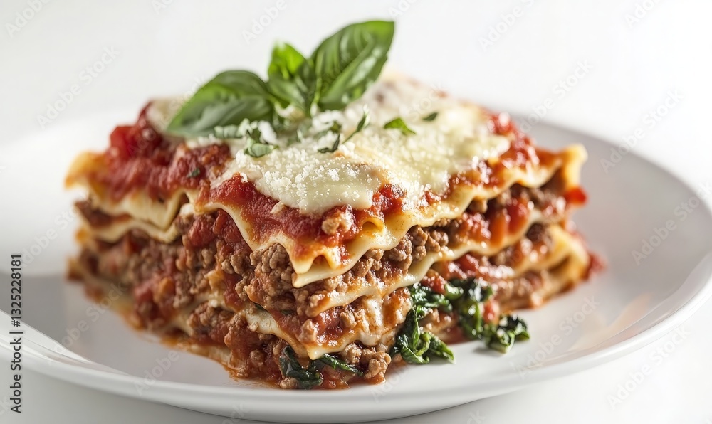 Delicious Lasagna with Fresh Basil Garnish on a White Plate, Perfectly Layered with Cheese, Sauce, and Pasta, Ideal for Food Photography, Culinary Arts, and Recipe Inspiration. Delicious Lasagna with Fresh Basil Garnish on a White Plate, Perfectly Layered with Cheese, Sauce, and Pasta, Ideal for Food Photography, Culinary Arts, and Recipe Inspiration.