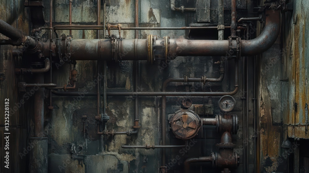 A complex network of rusty pipes against a weathered concrete wall A complex network of rusty pipes against a weathered concrete wall