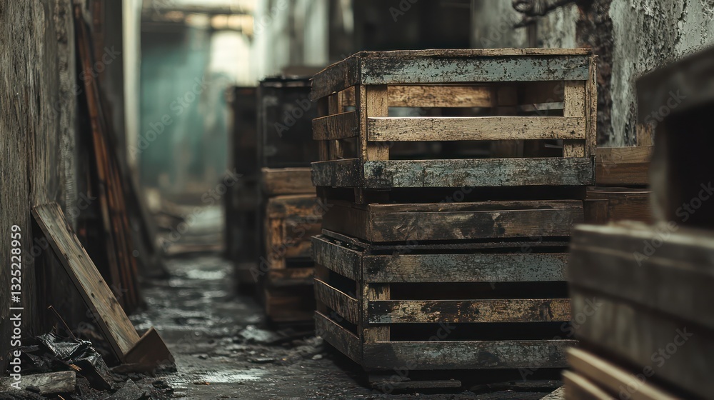 Weathered wooden crates stacked in a narrow industrial corridor Weathered wooden crates stacked in a narrow industrial corridor