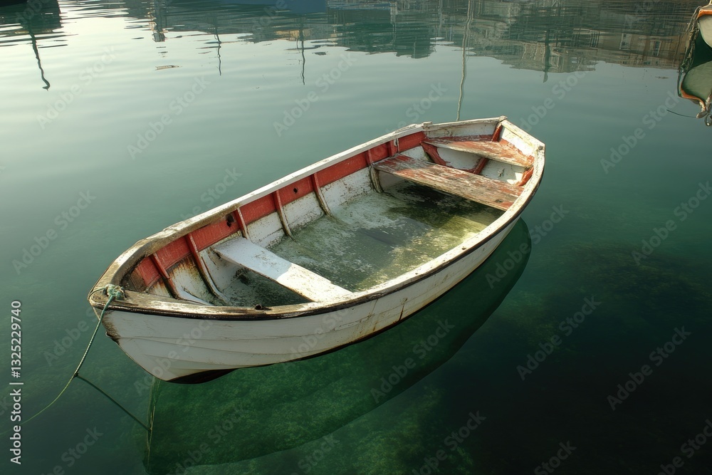 Abandoned fishing boat, peacefully floating in clear water. The vessel's faded white hull and weathered wooden seats are partially submerged, revealing the aquatic environment below. Abandoned fishing boat, peacefully floating in clear water. The vessel's faded white hull and weathered wooden seats are partially submerged, revealing the aquatic environment below.