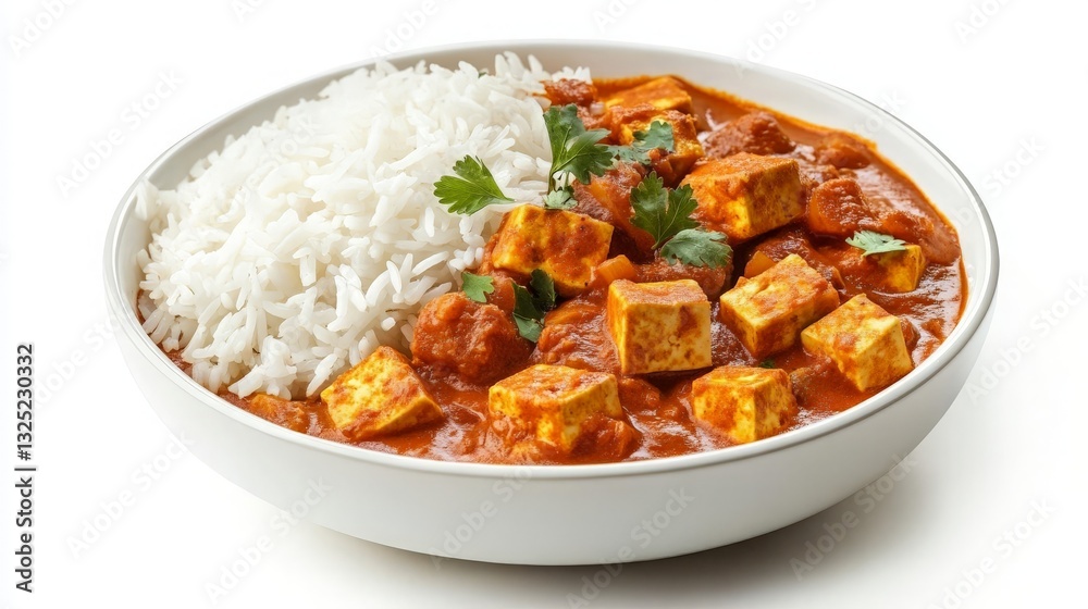 Delicious Paneer Curry with Rice Garnished with Cilantro in a White Bowl - A Close-Up of Flavorful Indian Cuisine Perfect for Culinary Blogs and Recipe Sharing. Delicious Paneer Curry with Rice Garnished with Cilantro in a White Bowl - A Close-Up of Flavorful Indian Cuisine Perfect for Culinary Blogs and Recipe Sharing.