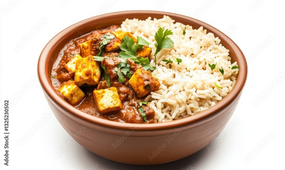 Delicious Paneer Curry with Rice in a Rustic Bowl - A Mouthwatering Indian Dish Perfect for Food Lovers and Culinary Enthusiasts.