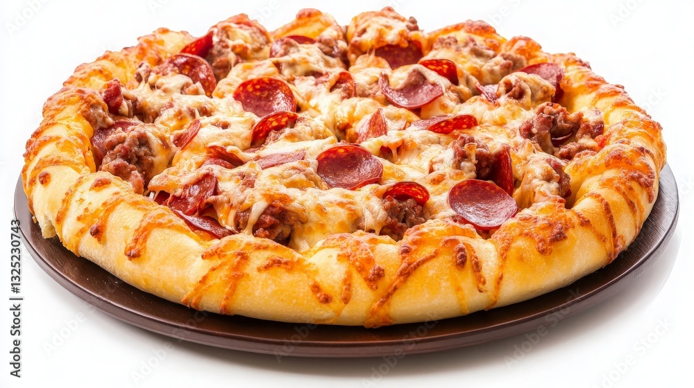 Delicious Pepperoni and Sausage Pizza on a Wooden Tray, Perfectly Baked with Cheese Melting, Surrounded by Fresh Ingredients and Herbs for an Inviting Culinary Experience. Delicious Pepperoni and Sausage Pizza on a Wooden Tray, Perfectly Baked with Cheese Melting, Surrounded by Fresh Ingredients and Herbs for an Inviting Culinary Experience.