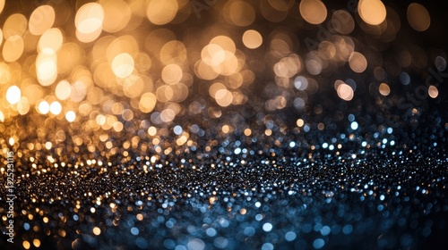 A mesmerizing backdrop of swirling glitter lights, a kaleidoscope of silver, blue, and black, blurring into a soft, dreamy bokeh. photo