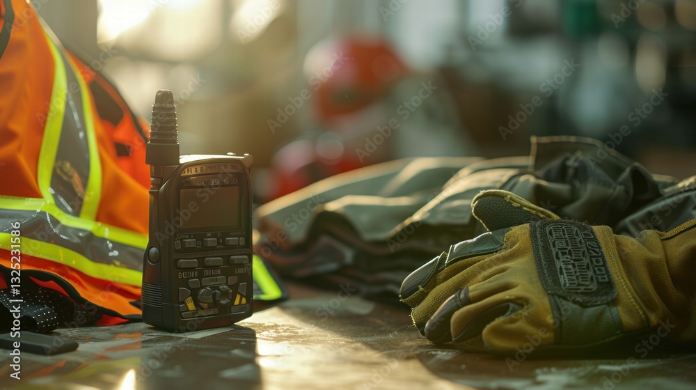 Safety Vest and Radio on a Sunlit Workbench with Gloves