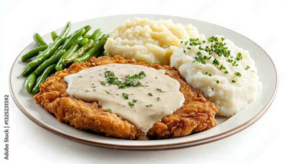 Delicious Plate of Chicken Fried Steak with Creamy Mashed Potatoes and Fresh Green Beans Served on a Rustic Wooden Table, Perfect for Comfort Food Lovers and Home-Cooked Meal Enthusiasts.