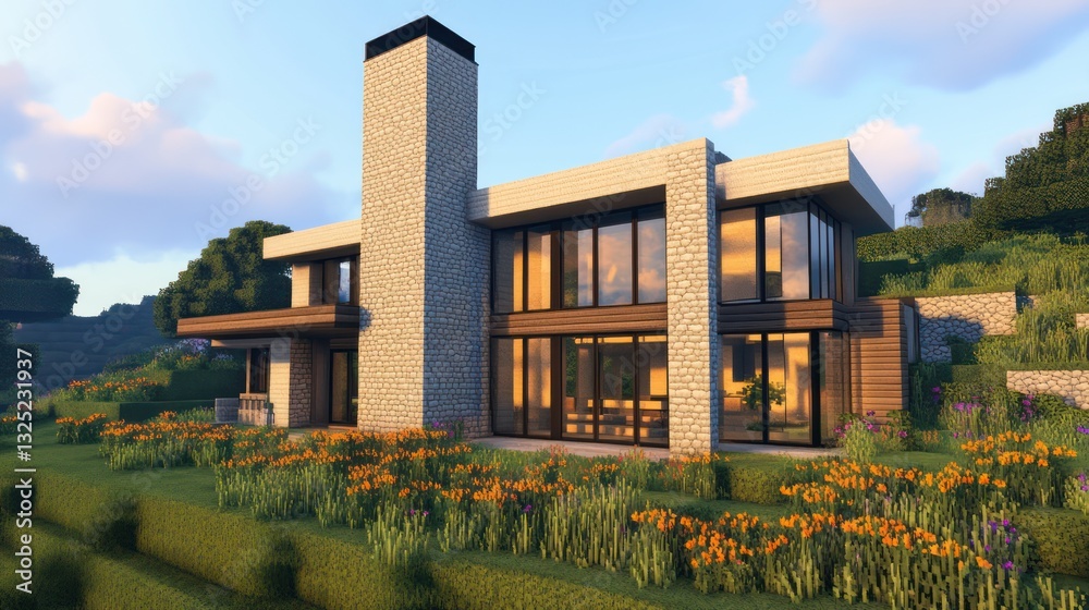 Fototapeta premium A modern farmhouse with smooth stone walls, large windows, and a distinctive, tall central chimney