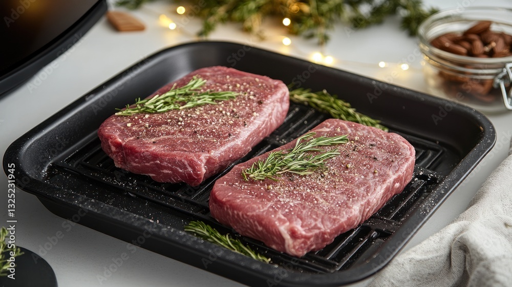 Two raw seasoned steaks on a black baking pan with rosemary sprigs. Two raw seasoned steaks on a black baking pan with rosemary sprigs.