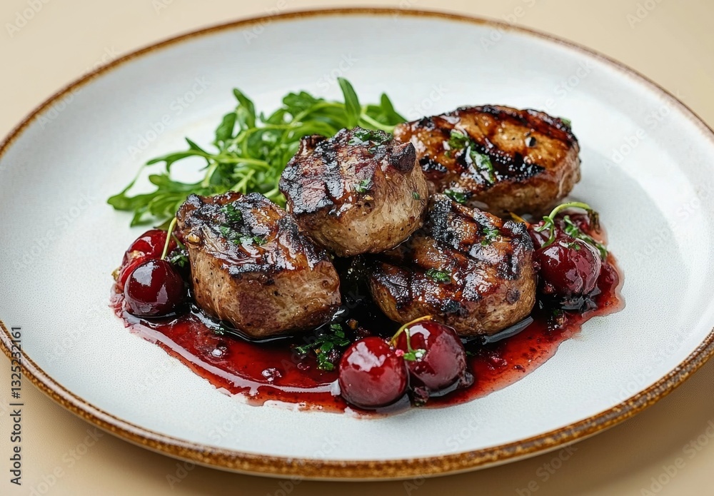 Juicy Grilled Steak Medallions with Fresh Herbs and Cherry Sauce Served on White Plate with Arugula Garnish Juicy Grilled Steak Medallions with Fresh Herbs and Cherry Sauce Served on White Plate with Arugula Garnish