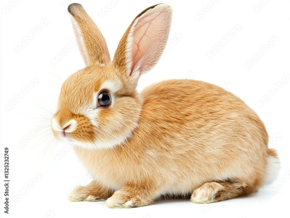 Obraz premium A cute brown rabbit with large ears and a fluffy coat sits isolated on white background - ai