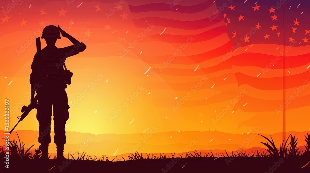 Celebrate Armed Forces Day with a poignant silhouette of a soldier saluting against the backdrop of the American flag. Celebrate Armed Forces Day with a poignant silhouette of a soldier saluting against the backdrop of the American flag.