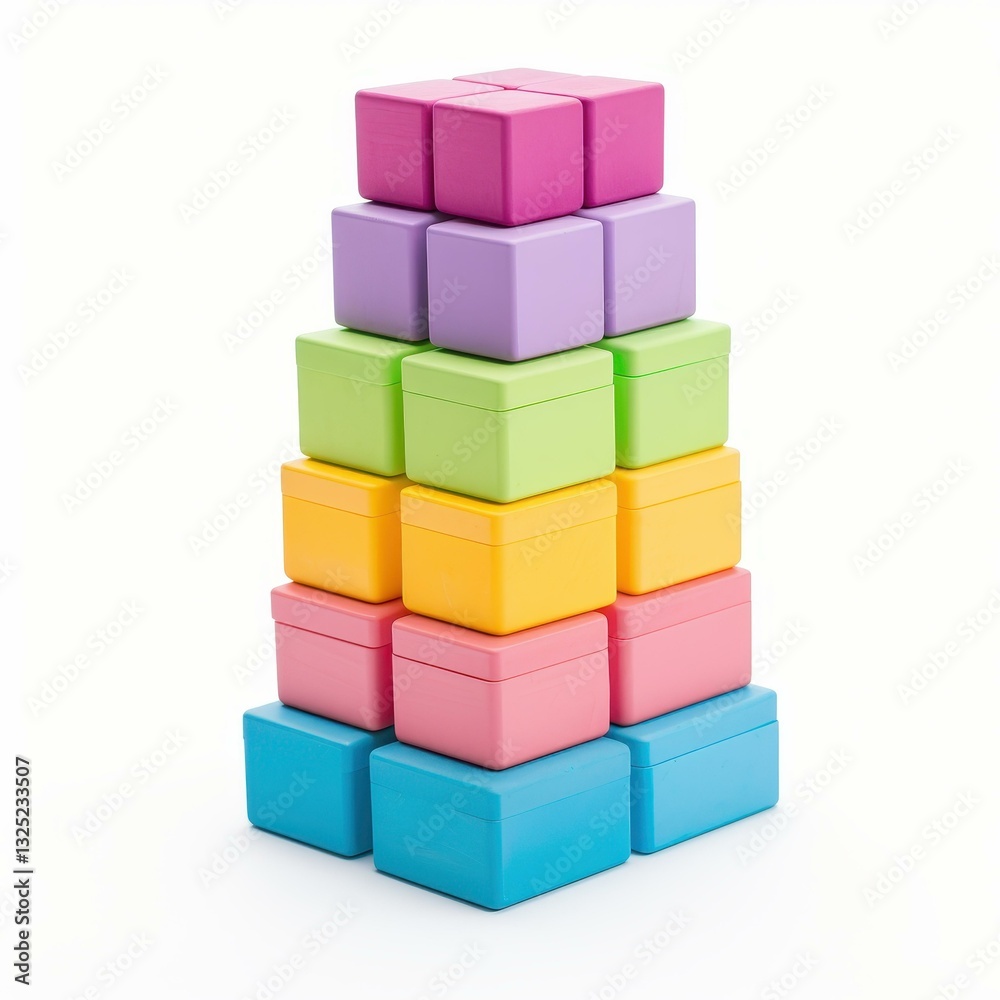 Obraz premium Bright, pastelcolored building blocks stacked high, creating a fun and vibrant display of creativity on a clean white backdrop.