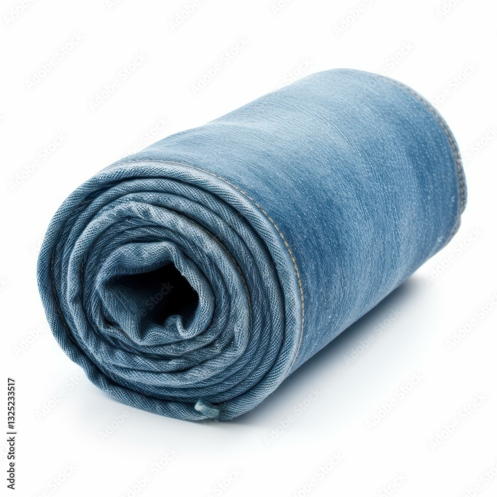 Soft denim fabric roll with a unique texture, perfect for fashion and crafts, isolated on a clean white backdrop. Soft denim fabric roll with a unique texture, perfect for fashion and crafts, isolated on a clean white backdrop.
