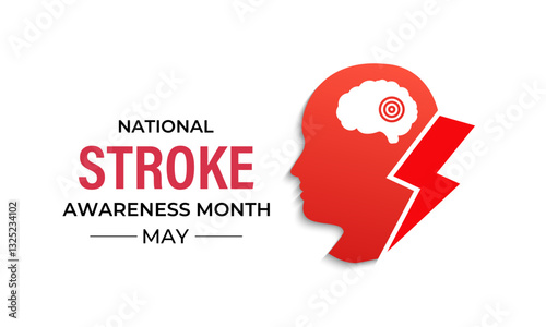 Vector illustration of National Stroke awareness month is May. Holiday concept. A stroke occurs when blood flow to the brain is interrupted. Brain and man head with Realistic red ribbon banner design.