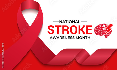 Vector illustration of National Stroke awareness month is May. Holiday concept. A stroke occurs when blood flow to the brain is interrupted. Brain and man head with Realistic red ribbon banner design.