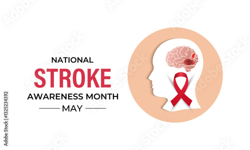 Vector illustration of National Stroke awareness month is May. Holiday concept. A stroke occurs when blood flow to the brain is interrupted. Brain and man head with Realistic red ribbon banner design.