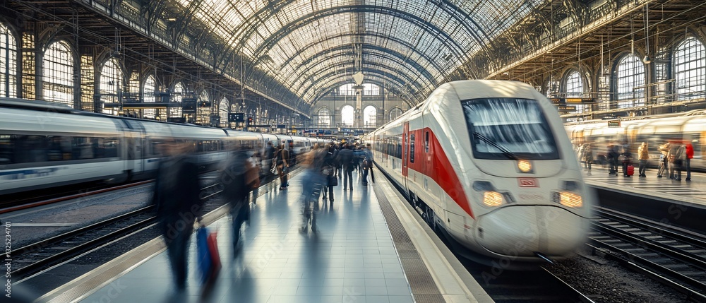 Fototapeta premium Busy Urban Railway Station with High-Speed Trains and Commuters Walking, Milan