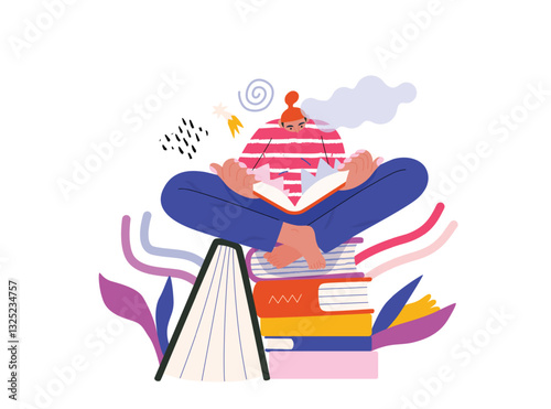 Life Unframed: Book universe -modern flat vector concept illustration of a reader on stack of books. Metaphor of unpredictability, imagination, whimsy, cycle of existence, play, growth and discovery