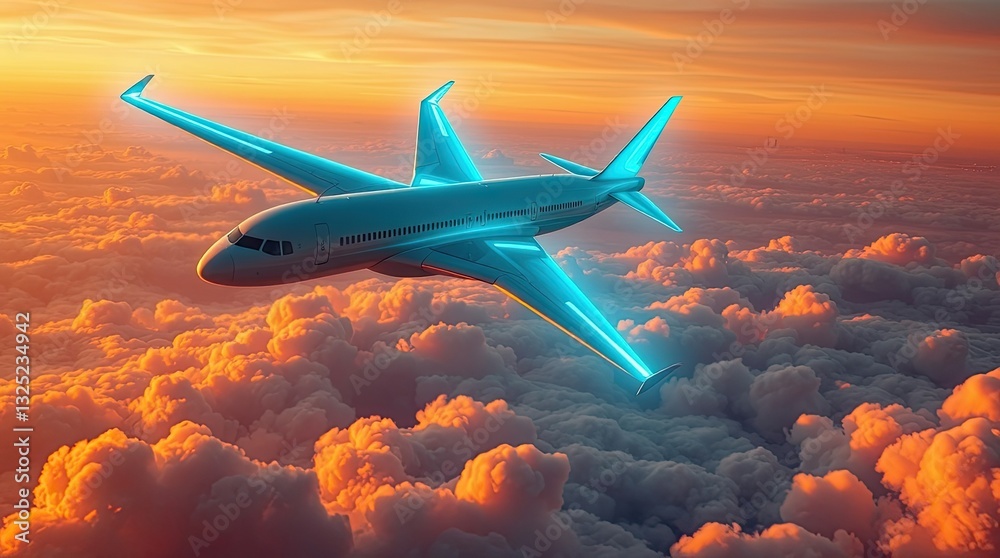 Fototapeta premium A sleek aircraft glides gracefully through colorful clouds at sunset showcasing innovative design and inspiring awe in travelers and aviation fans alike