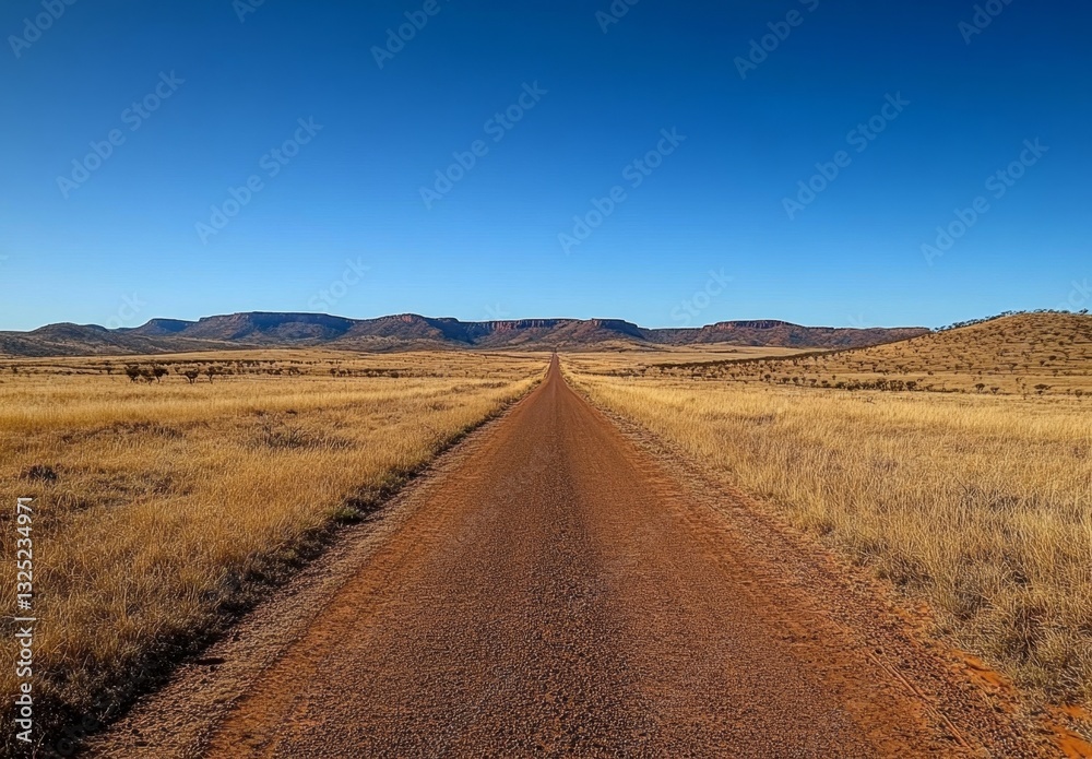 A Serene and Vast Desert Road Leading Into the Horizon Under a Clear Blue Sky Amidst Expansive Dry Grasslands and Rugged Mountains