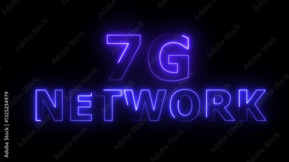 7g network animation with neon cityscape and hightech connectivity, 7G smart technology cellular network animation with neon effect sign board clipboard poster sign symbol on black background .