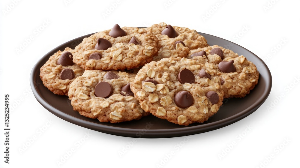 Delicious Plate of Homemade Chocolate Chip Oatmeal Cookies on a Clean White Background Perfect for Baking Enthusiasts and Food Lovers (1)
