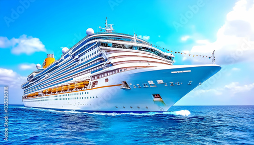 Majestic cruise ship sailing on azure ocean waters under a vibrant blue sky