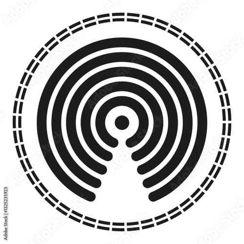 Wireless signal icon. Radio wave center. Circular transmission shape. Black broadcast symbol.