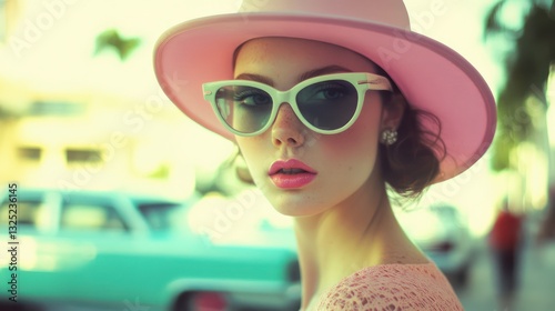 A beautiful woman wearing sunglasses and a pink hat poses outdoors