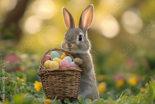 A cute bunny holding a basket full of colorful eggs. photo