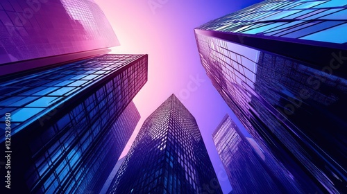 Tall skyscrapers looking upwards with a vibrant purple sky background
