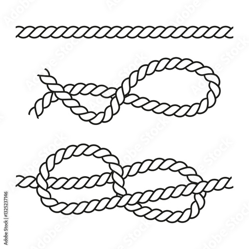Sailing knot illustration. Twisted rope loops. Nautical binding element. Strong marine connection.