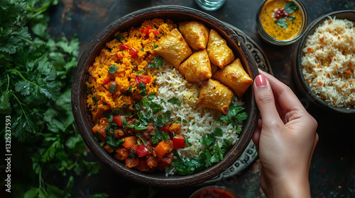 This is a stylized shot of a person holding a wooden bowl filled with seasoned rice, fried potatoes, and vegetables.