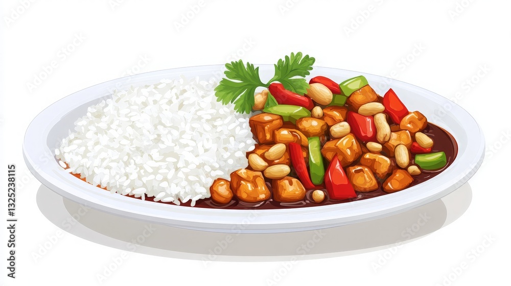 Delicious Plate of Rice with Colorful Stir-Fried Vegetables and Tender Chicken Served Against a Clean White Background for Culinary Inspiration. Delicious Plate of Rice with Colorful Stir-Fried Vegetables and Tender Chicken Served Against a Clean White Background for Culinary Inspiration.