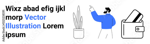 Man pointing towards text, potted plant, and wallet with a credit card. Ideal for business presentations, financial services, ecommerce, digital marketing, startups, technology topics