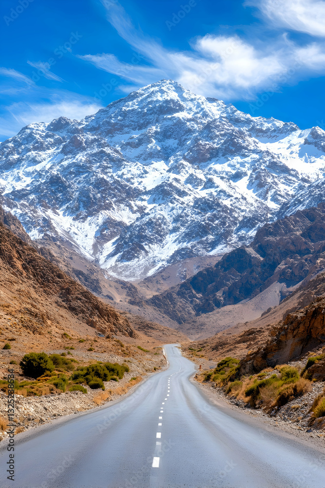 Fototapeta premium Majestic mountain range, a paved road leading into the snow-capped peak