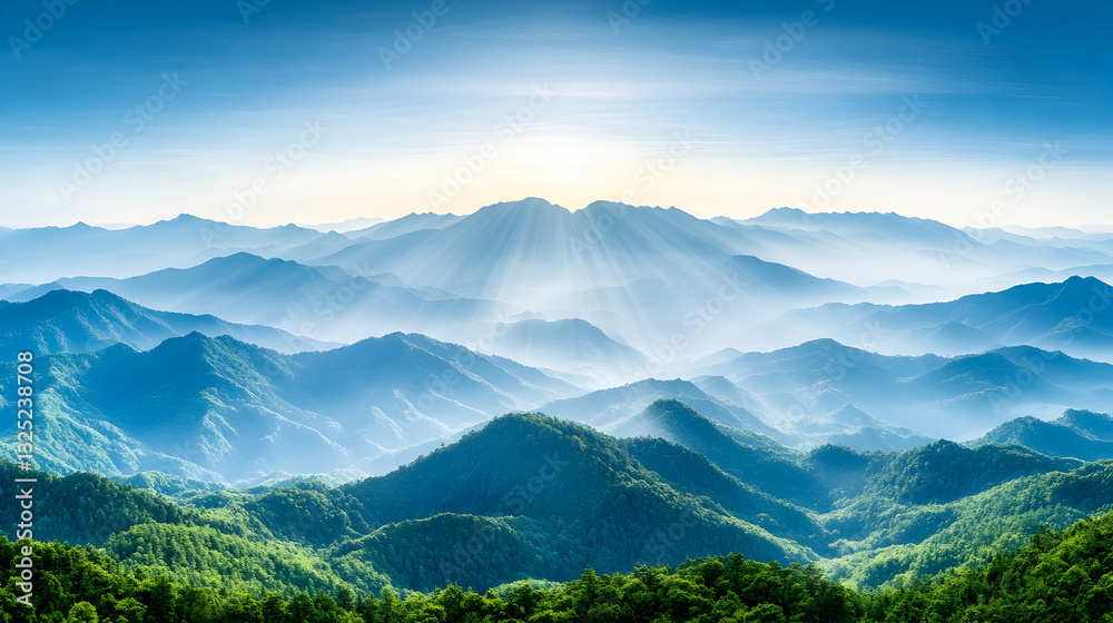 Obraz premium Majestic mountain range bathed in morning sunlight