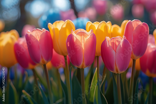  A vibrant image of tulips, daffodils, or lilies with pastel colors representing Easter. photo