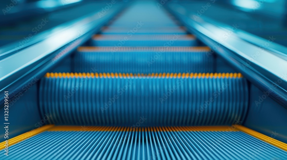 A closeup look at an empty escalator moving in a bustling shopping center, highlighting its sleek design and steps. A closeup look at an empty escalator moving in a bustling shopping center, highlighting its sleek design and steps.