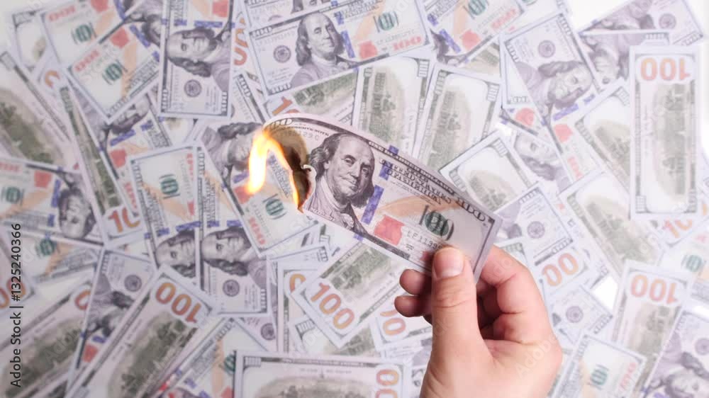Hand holding burning one hundred dollar bill over money background