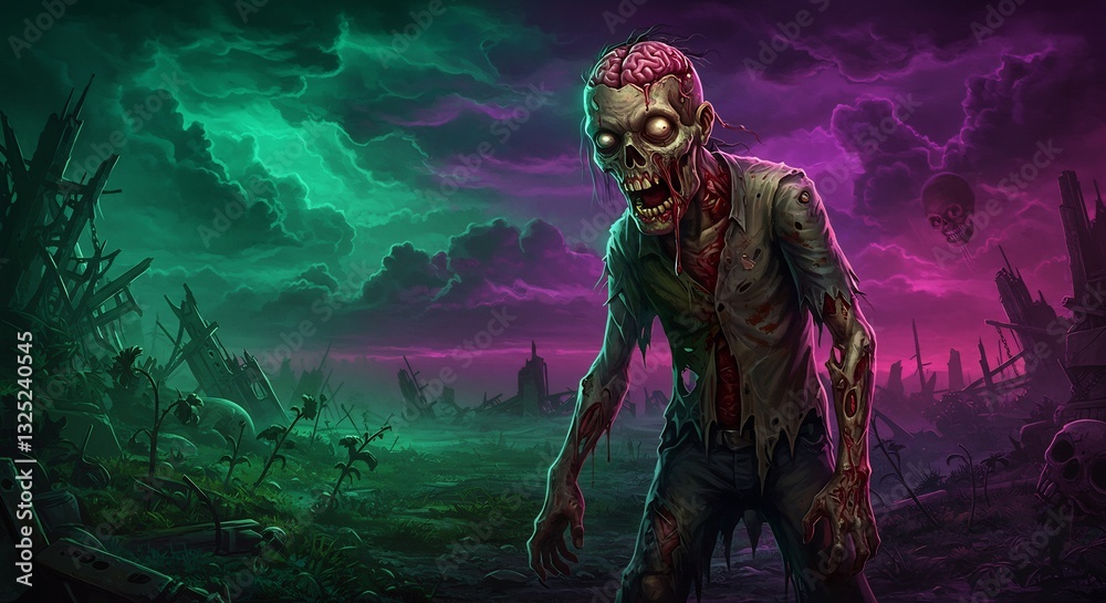 Fototapeta premium Ghastly Zombie Stumbles Through Neon Apocalypse. AI Generated