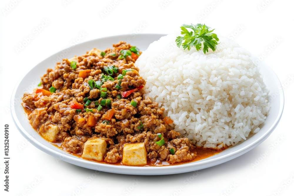 Delicious Plate of Spicy Minced Meat and Tofu Served with Rice, Garnished with Fresh Parsley - Perfect for Food Blogs and Culinary Promotions Delicious Plate of Spicy Minced Meat and Tofu Served with Rice, Garnished with Fresh Parsley - Perfect for Food Blogs and Culinary Promotions